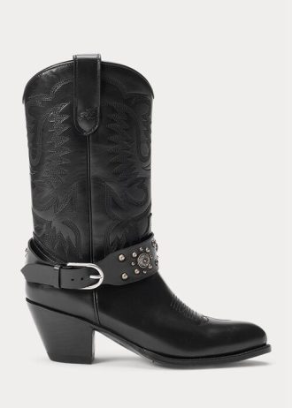 Botas femininas pretas Ralph Lauren de couro de bezerro com tachas Western
