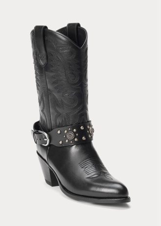 Botas femininas pretas Ralph Lauren de couro de bezerro com tachas Western