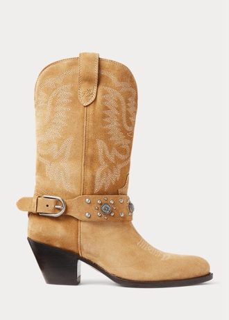 Botas femininas Ralph Lauren Western de camurça e bezerro com tachas cáqui