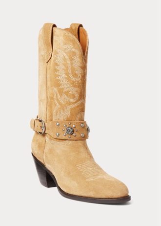 Botas femininas Ralph Lauren Western de camurça e bezerro com tachas cáqui
