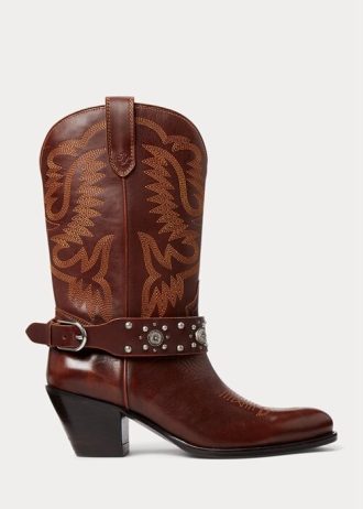 Botas femininas Ralph Lauren Western de couro de bezerro com tachas marrons