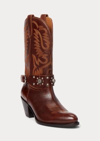 Botas femininas Ralph Lauren Western de couro de bezerro com tachas marrons