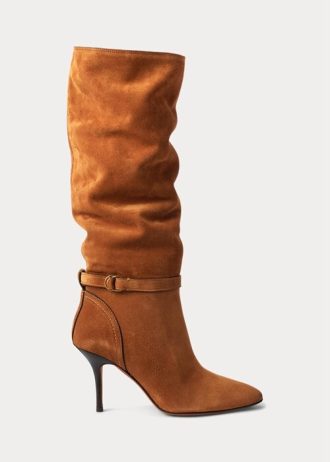 Botas femininas Ralph Lauren Zoe Tall de camurça em couro de bezerro marrom