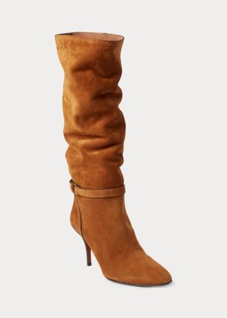 Botas femininas Ralph Lauren Zoe Tall de camurça em couro de bezerro marrom