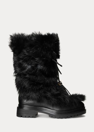 Botas Ralph Lauren Celia Shearling e Couro Polido Pretas Femininas