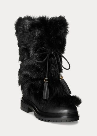 Botas Ralph Lauren Celia Shearling e Couro Polido Pretas Femininas