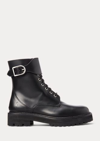Botas Ralph Lauren de couro de bezerro com fivela pretas para mulheres