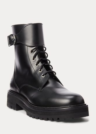 Botas Ralph Lauren de couro de bezerro com fivela pretas para mulheres