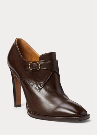 Botas Ralph Lauren Lydell de couro de bezerro polido marrom escuro para mulheres