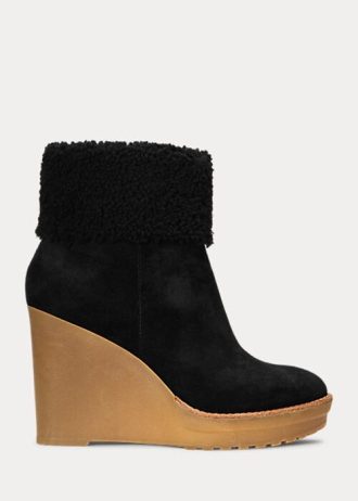 Botas Ralph Lauren Steph de camurça com acabamento em pele de carneiro pretas para mulheres