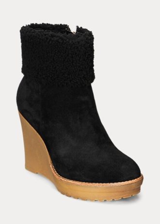Botas Ralph Lauren Steph de camurça com acabamento em pele de carneiro pretas para mulheres