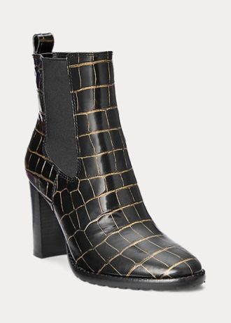 Botas Ralph Lauren Ylah em couro com relevo pretas para mulheres