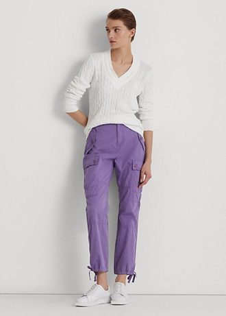 Calça cargo Ralph Lauren feminina roxa de sarja leve até o tornozelo