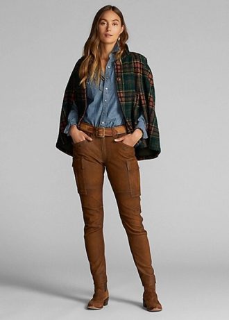 Calça cargo skinny de couro Ralph Lauren feminina marrom