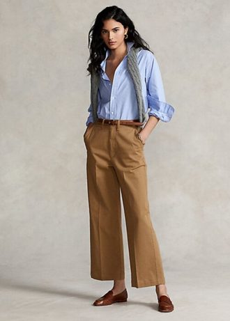 Calça chino Ralph Lauren cáqui feminina de perna larga