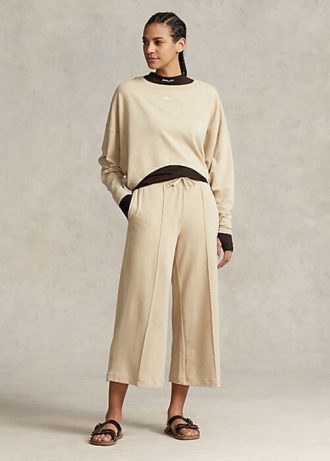 Calça curta de lã Ralph Lauren feminina bege com pernas largas