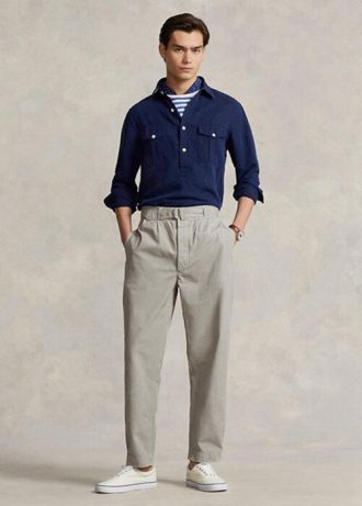 Calça de lona plissada Ralph Lauren masculina cinza