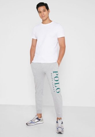 Calça de moletom com punho e logotipo Ralph Lauren cinza masculina