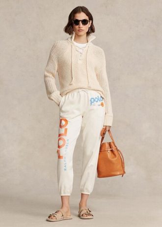 Calça de moletom feminina branca Ralph Lauren com logo e estampa de ondas