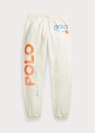 Calça de moletom feminina branca Ralph Lauren com logo e estampa de ondas