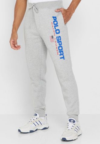 Calça de moletom masculina cinza com logotipo Ralph Lauren