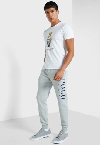 Calça de moletom masculina cinza com logotipo Ralph Lauren