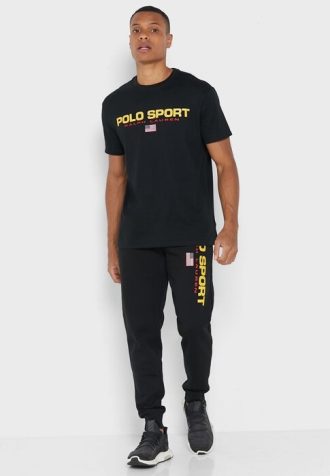 Calça de moletom preta masculina com logotipo Ralph Lauren