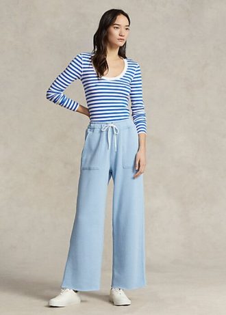 Calça de moletom Ralph Lauren azul feminina com bainha cortada e fleece