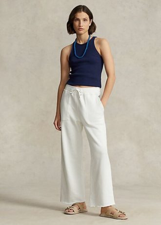 Calça de moletom Ralph Lauren feminina branca com bainha cortada e fleece