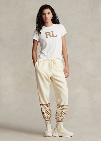 Calça de moletom Ralph Lauren feminina com estampa de flocos de neve em lã creme