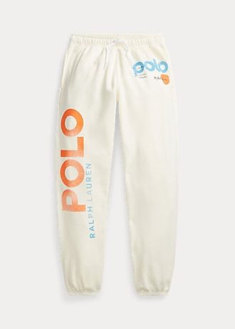 Calça de moletom Ralph Lauren feminina com estampa de logo e ondas em fleece creme