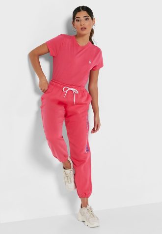 Calça de moletom Ralph Lauren feminina rosa com cintura alta e tornozelo
