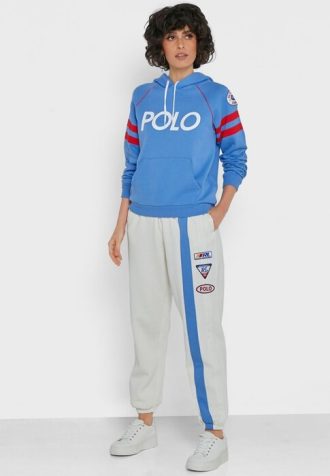 Calça de moletom Ralph Lauren listrada lateral bege feminina