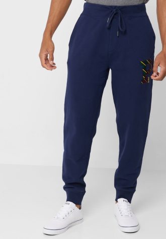Calça de moletom Ralph Lauren masculina azul marinho com cordão e punho