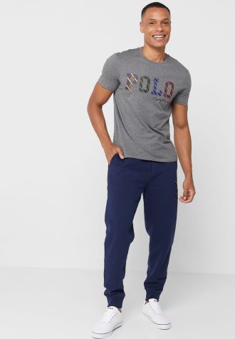 Calça de moletom Ralph Lauren masculina azul marinho com cordão e punho
