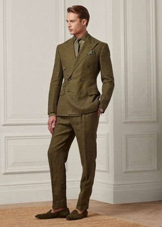 Calça de terno de linho Ralph Lauren Gregory masculina verde oliva