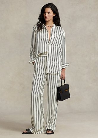 Calça feminina Ralph Lauren listrada de cetim com pernas largas, preta/creme