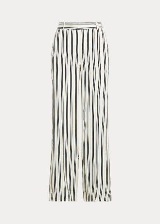 Calça feminina Ralph Lauren listrada de cetim com pernas largas, preta/creme
