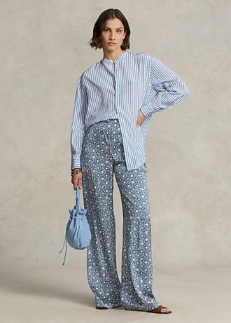 Calça feminina Ralph Lauren Starburst-Motif de cetim com perna larga azul