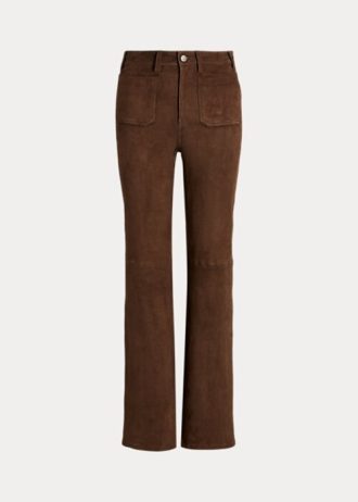 Calça flare Ralph Lauren Chocolate feminina, de camurça e bolsos, em couro de cordeiro
