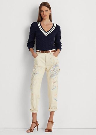 Calça jeans Carpenter Ralph Lauren Paint-Splatter Denim Feminina Creme