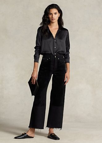 Calça jeans cropped Ralph Lauren feminina preta, cintura alta e perna larga