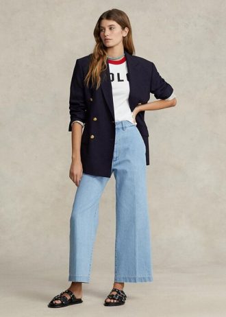 Calça jeans curta Ralph Lauren azul feminina, cintura alta e perna larga