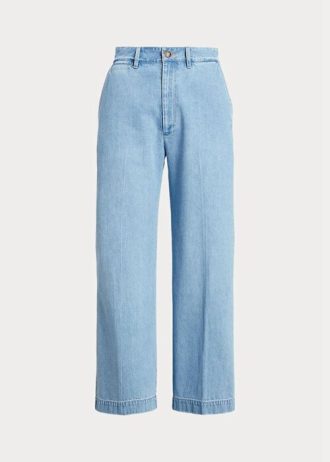 Calça jeans curta Ralph Lauren azul feminina, cintura alta e perna larga