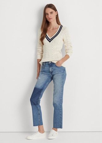 Calça jeans curta reta Ralph Lauren azul feminina de cintura alta