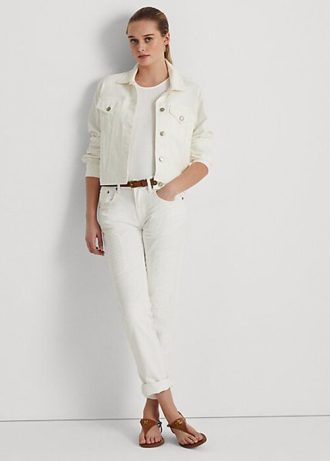Calça jeans feminina Ralph Lauren branca, com ilhós e patchwork, afunilada e relaxada