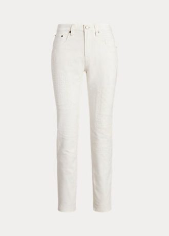 Calça jeans feminina Ralph Lauren branca, com ilhós e patchwork, afunilada e relaxada