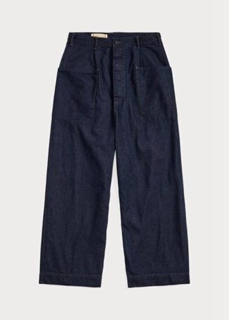Calça jeans feminina Ralph Lauren de algodão e linho, pernas largas, azul marinho