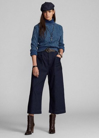 Calça jeans feminina Ralph Lauren de algodão e linho, pernas largas, azul marinho