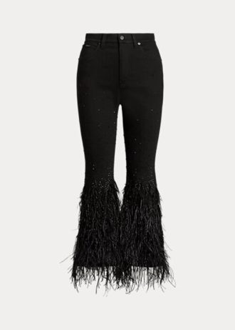 Calça jeans flare Ralph Lauren preta feminina com detalhes em penas e cós alto